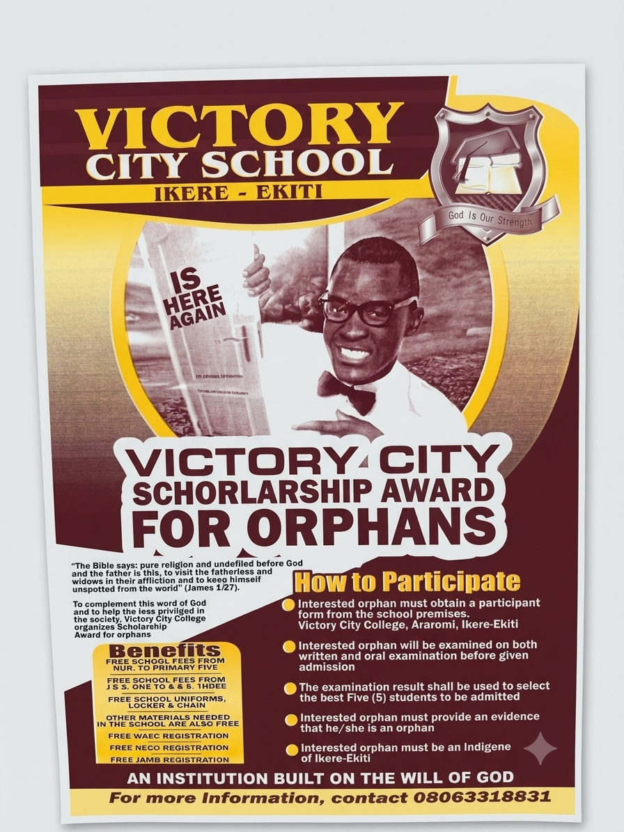 Victory City Scholarship Award for Orphans flyer